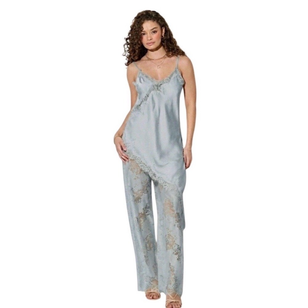 Satin Cami Lace Slip Set Wide Leg Pants M Lace Romance Cocktail Party Whimsical